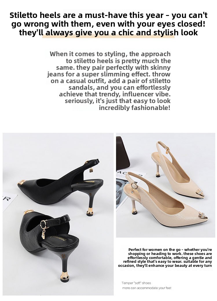 New Spring And Autumn Soft Leather Thin Heel Pointed Toe Mid-Heel Women, Sexy Rhinestone Iron-Toe High-Heel Backless_vogvips.com