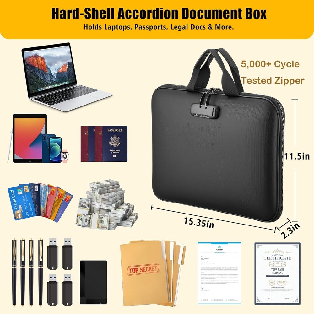 Document Box With Combination Lock, Hard-Shell Fireproof Organizer For Legal Documents, Laptop, Valuables & Important Papers,_voghion.com