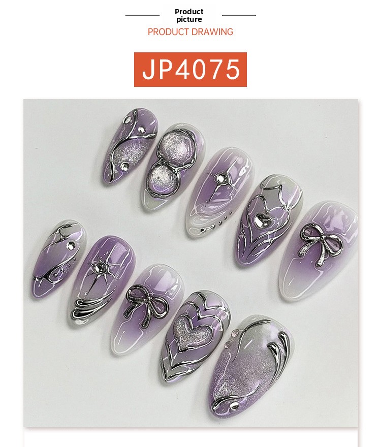 Wearable Nails Purple Gradient Cat Eye Design With Silver Bowknot_voghion.com
