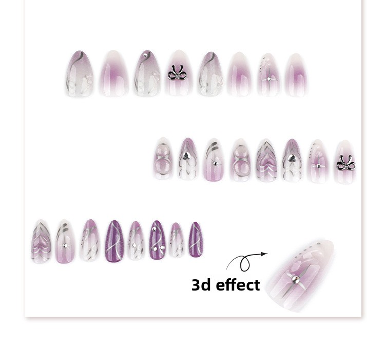 Wearable Nails Purple Gradient Cat Eye Design With Silver Bowknot_voghion.com