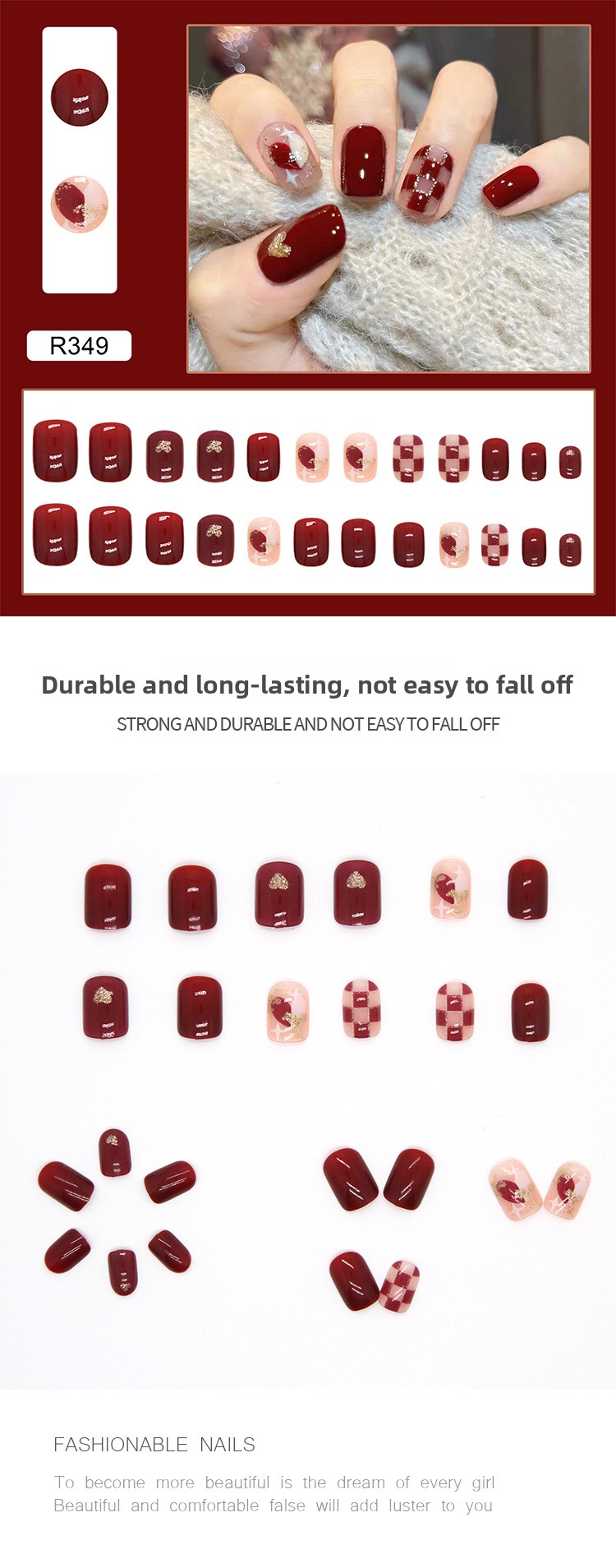 Unhas postiças usáveis design xadrez coração bordô_voghion.com