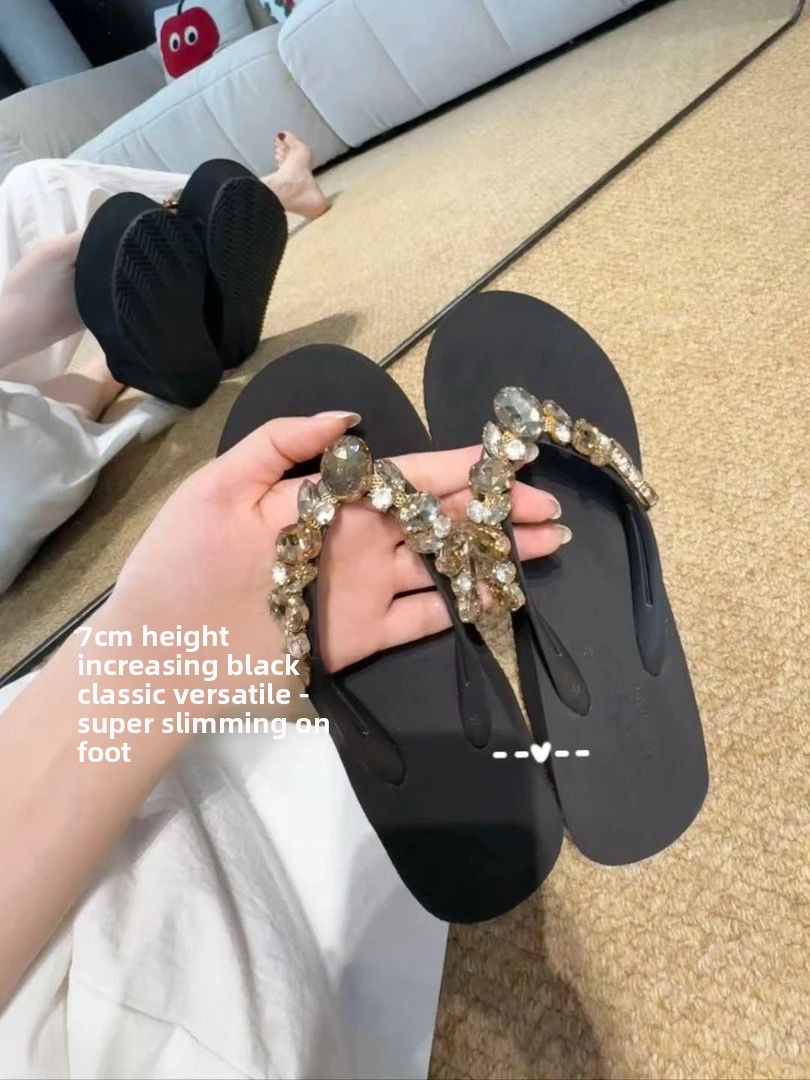 Gorgeous Rhinestone Platform Flip Flops For Women Beach Slides_voghion.com