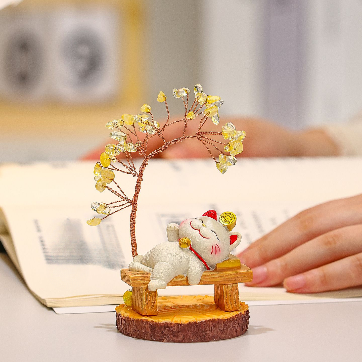 Lucky Cat Crystal Money Tree Ornament For Desktop Office Decor_voghion.com