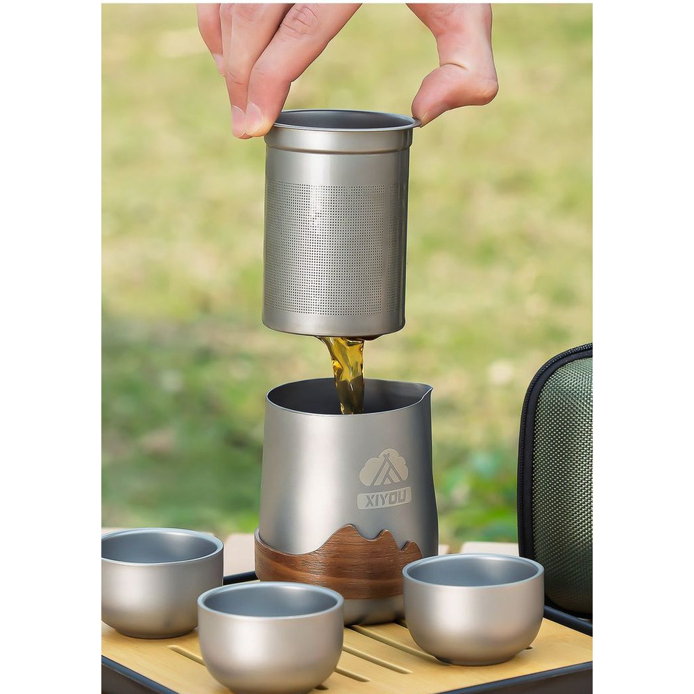 Set da tè portatile in titanio per esterni, a infusione rapida, completo per il campeggio._voghion.com