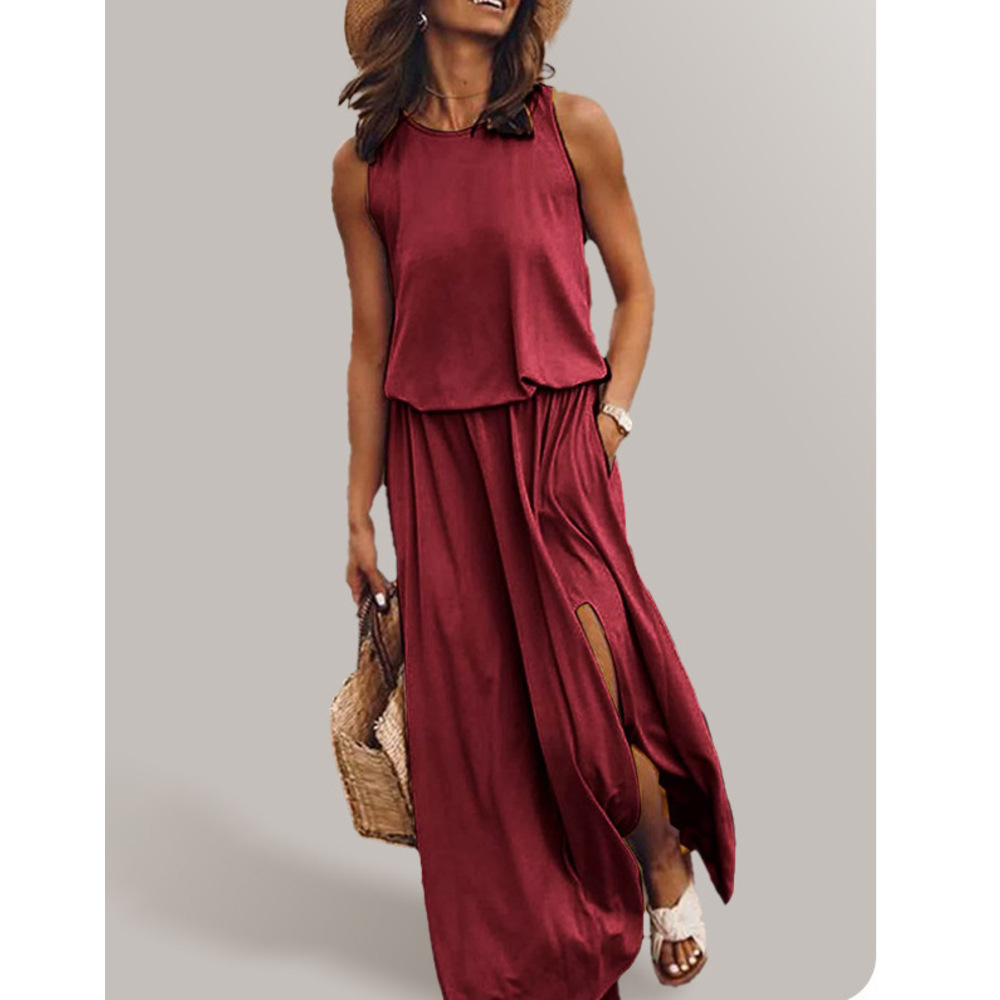 Voya Damen-Frühling/Sommer-Kollektion: Ärmelloses Top mit Rundhalsausschnitt und Schlitz im neuen europäischen und amerikanischen Stil, einfarbig_voghion.com