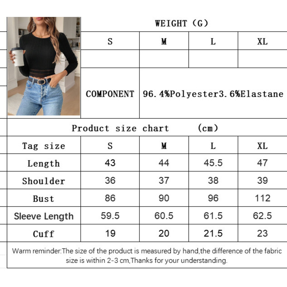Voya Women's Simple And Versatile T-shirt With Spring And Summer Lace And Lace Trim, Slim Fit, Short Length, Long Sleeved Inner Top_ecoleips.com