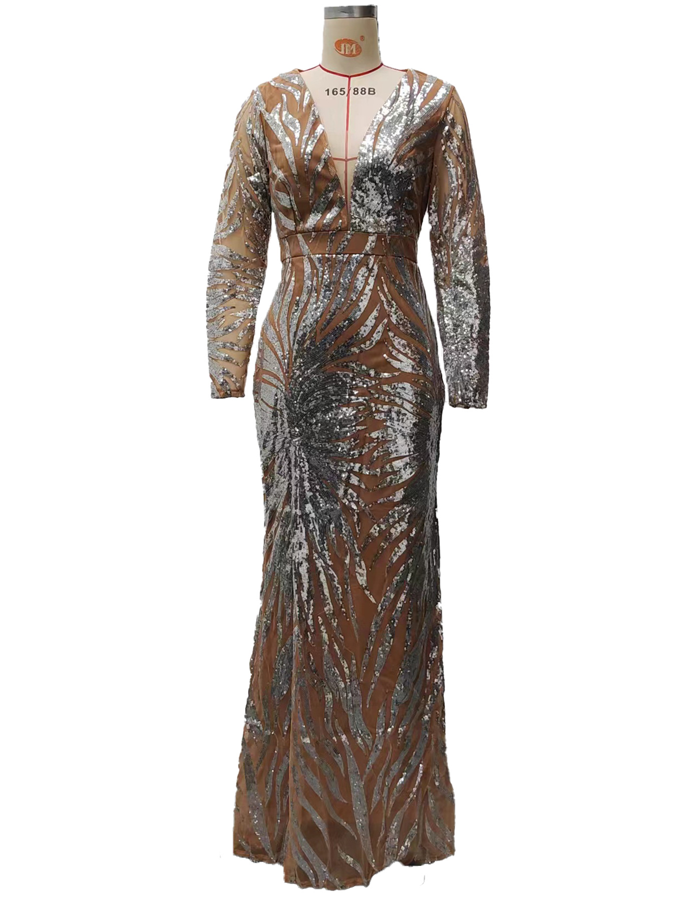 Voya Voya – Europäisches und amerikanisches Damenmode-Kleid im grenzüberschreitenden Stil mit Goldprägung, langen Ärmeln, figurbetont und sexy Meerjungfrauen-Schnitt_voghion.com