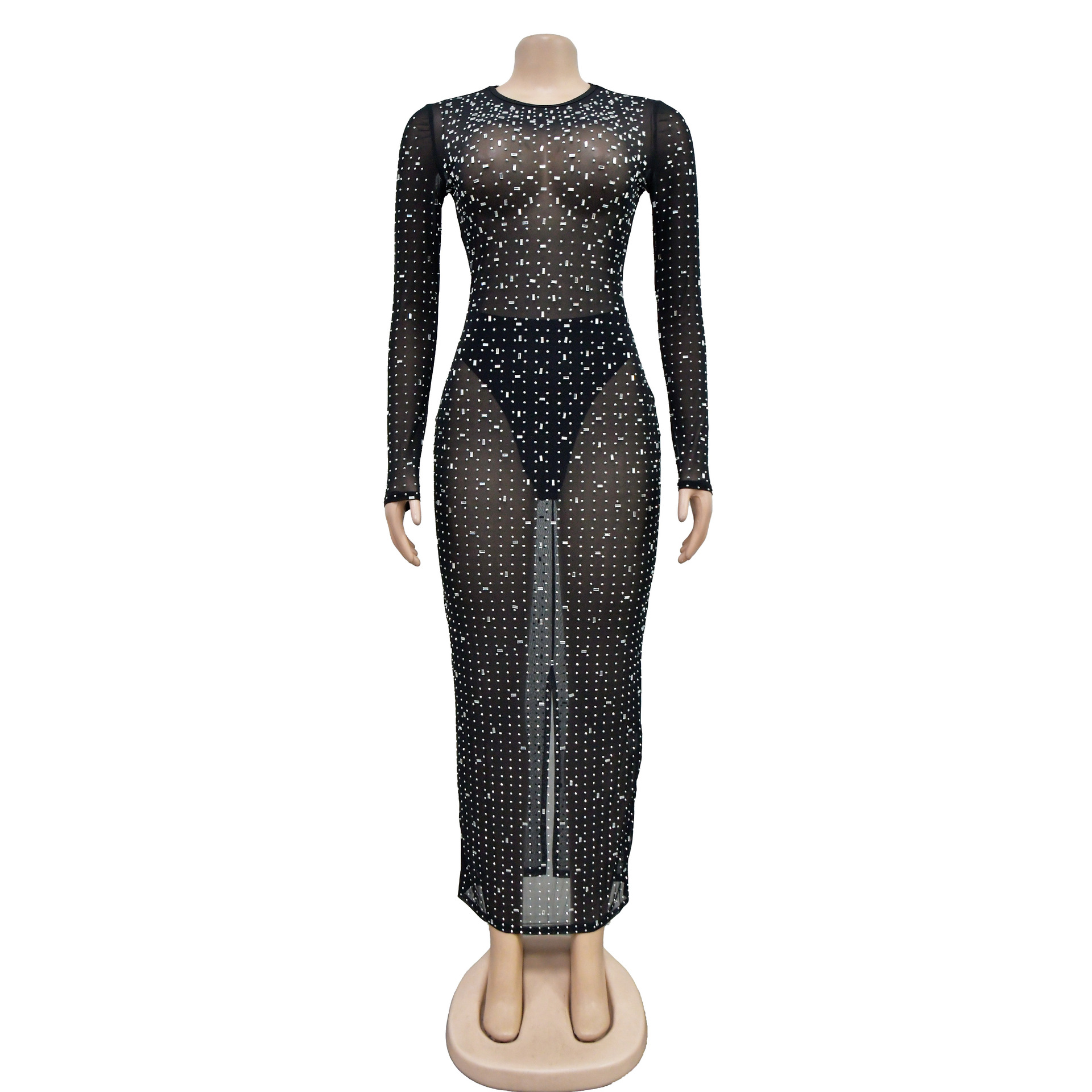 Women's Dress Long Sleeve Mesh Rhinestone Solid Colour Elegant_voghion.com