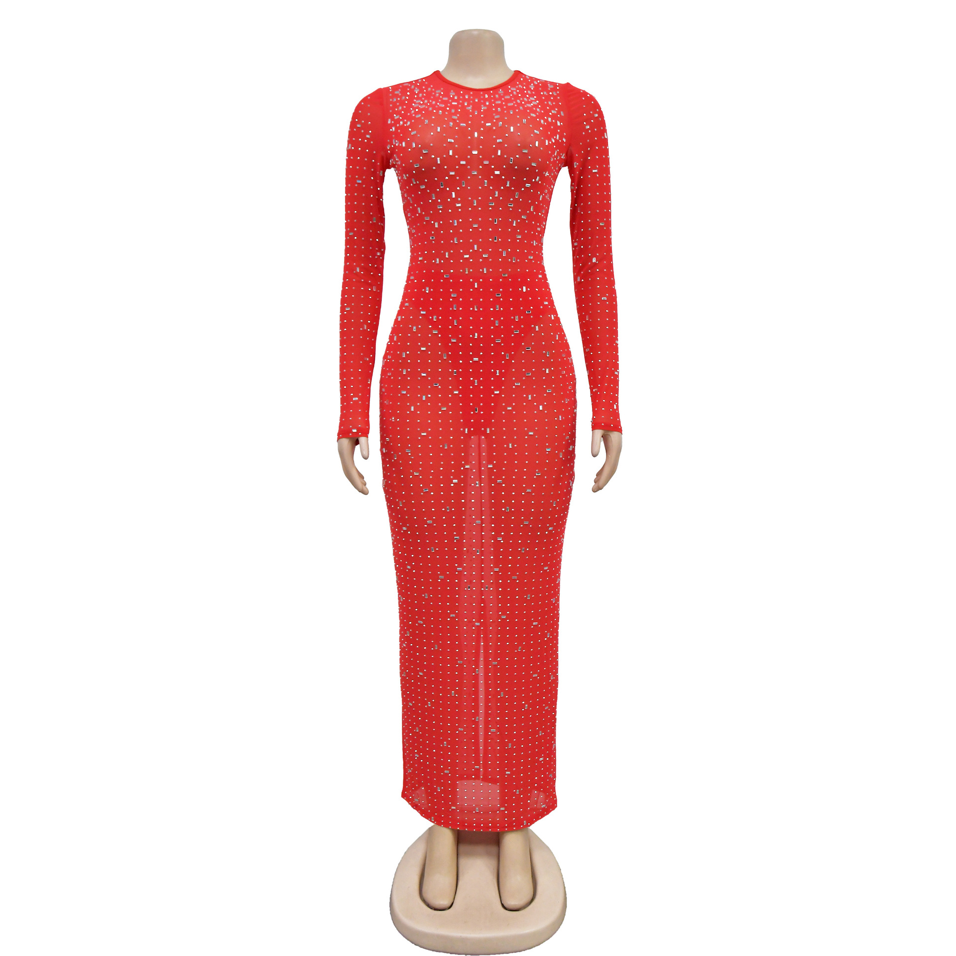 Women's Dress Long Sleeve Mesh Rhinestone Solid Colour Elegant_voghion.com