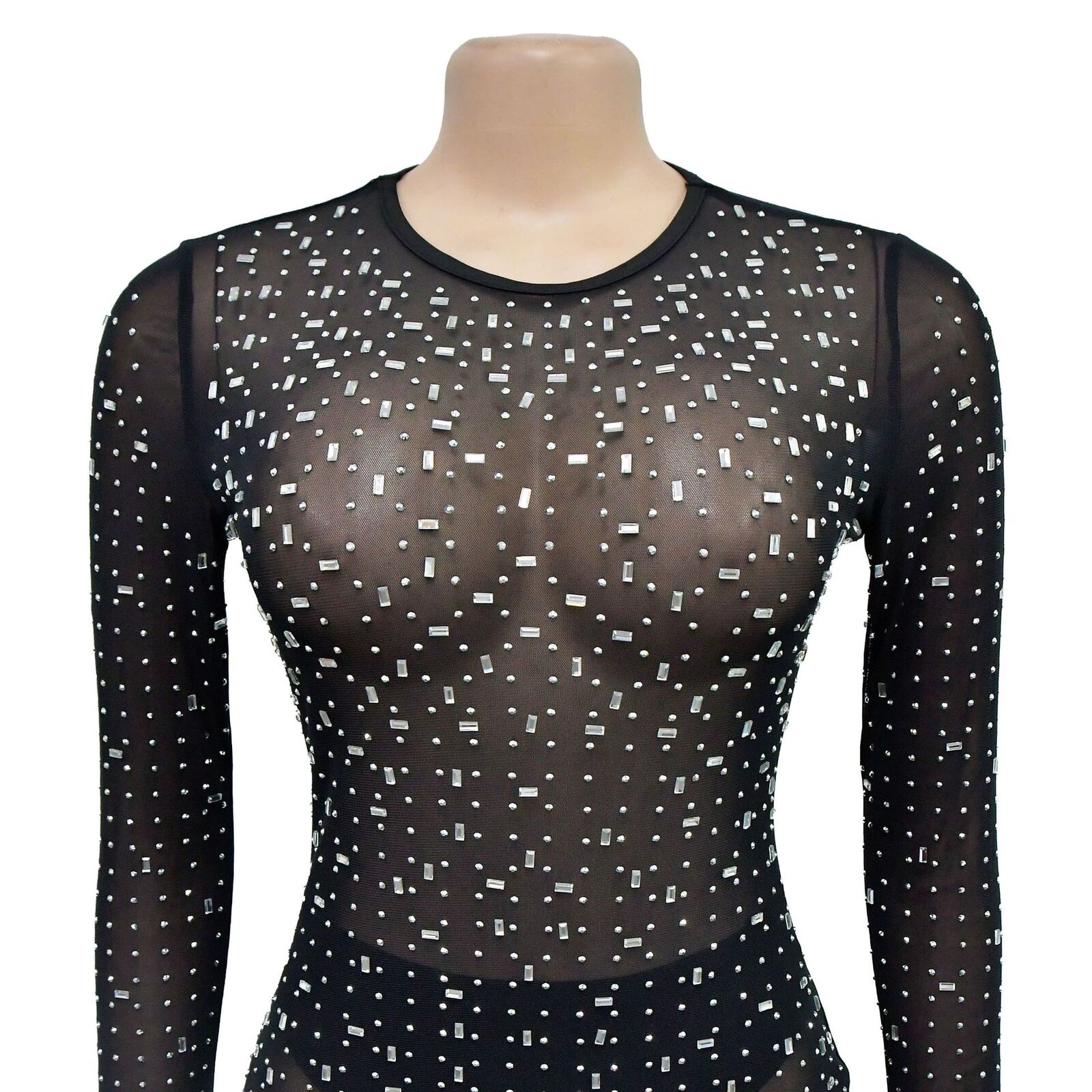 Women's Dress Long Sleeve Mesh Rhinestone Solid Colour Elegant_voghion.com