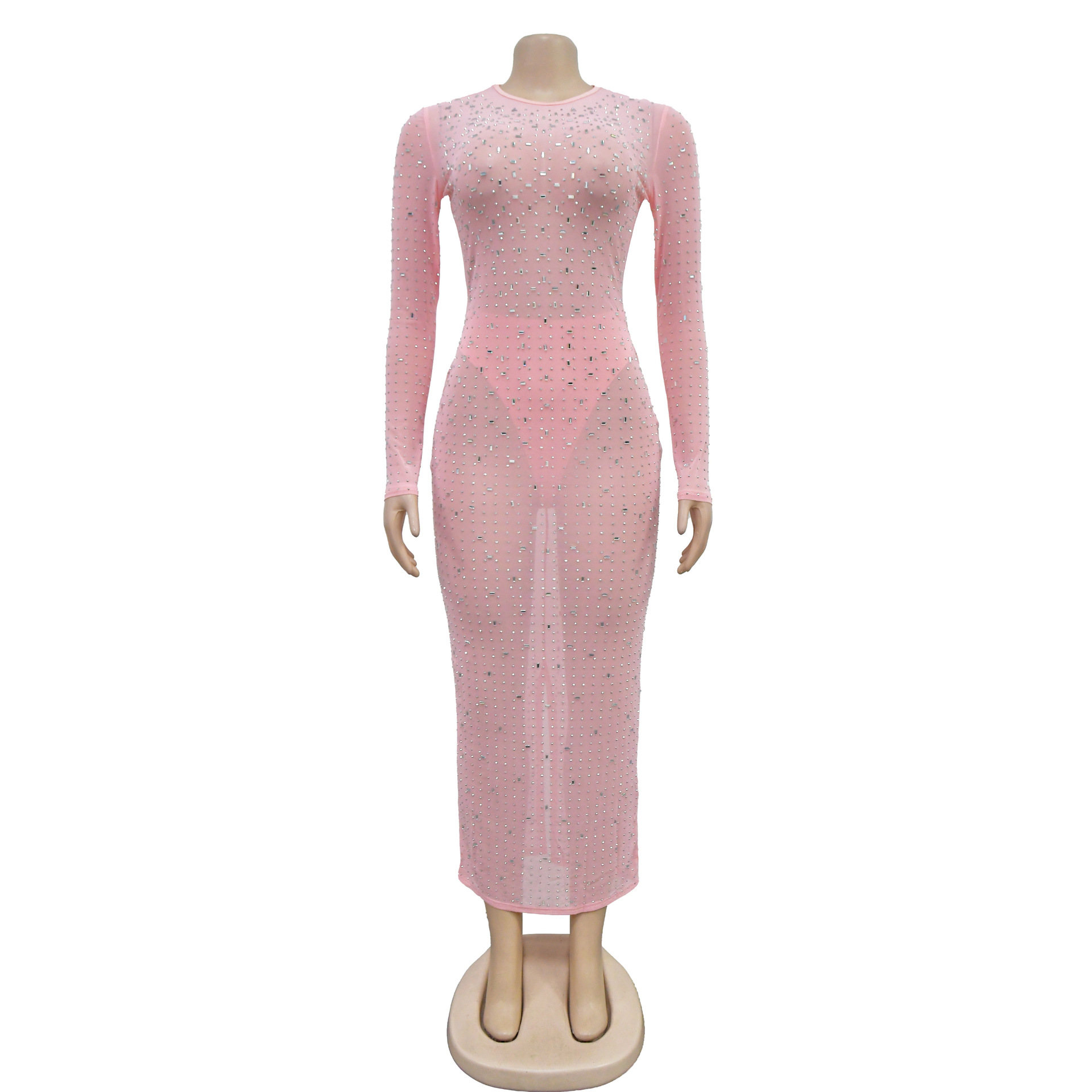 Women's Dress Long Sleeve Mesh Rhinestone Solid Colour Elegant_voghion.com