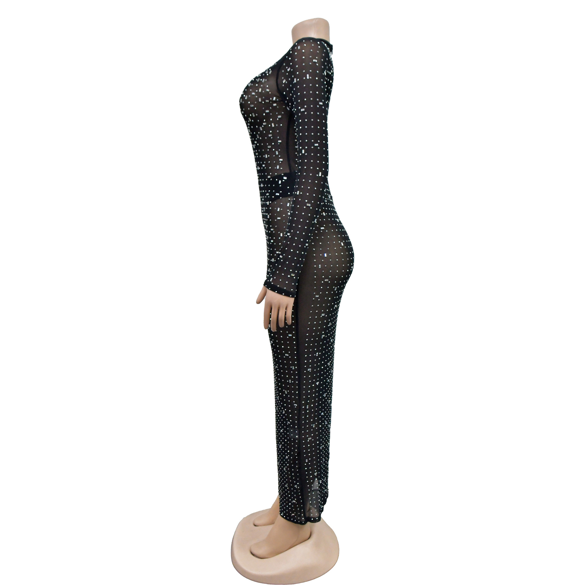 Women's Dress Long Sleeve Mesh Rhinestone Solid Colour Elegant_voghion.com
