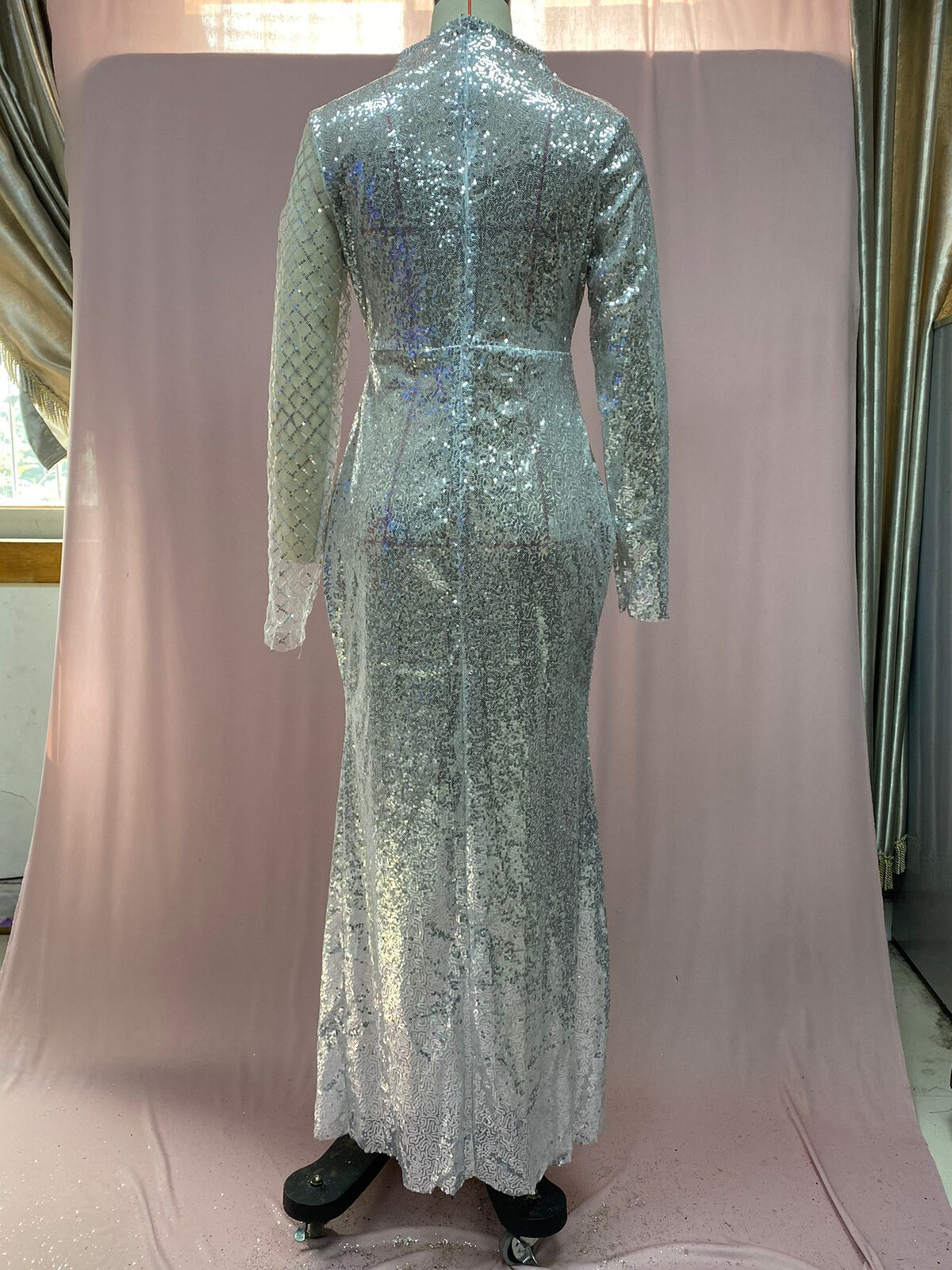Voya Women's New Style Brand Hollow Out Off-Shoulder European And American Round Neck Slim Fit Elegant S-Line Sequin Dress_ecoleips.com
