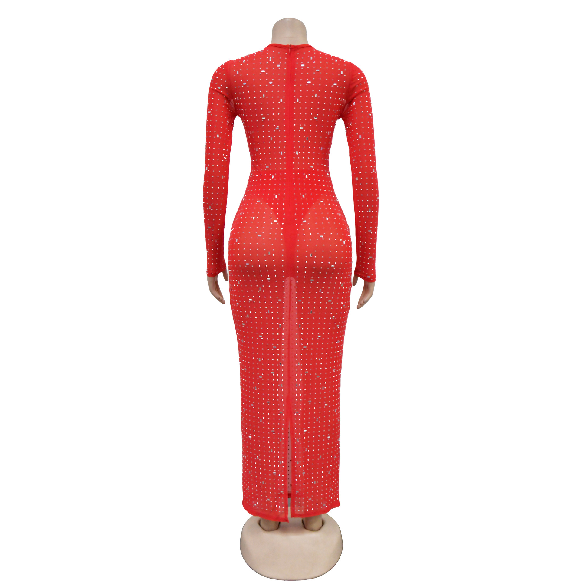 Women's Dress Long Sleeve Mesh Rhinestone Solid Colour Elegant_voghion.com