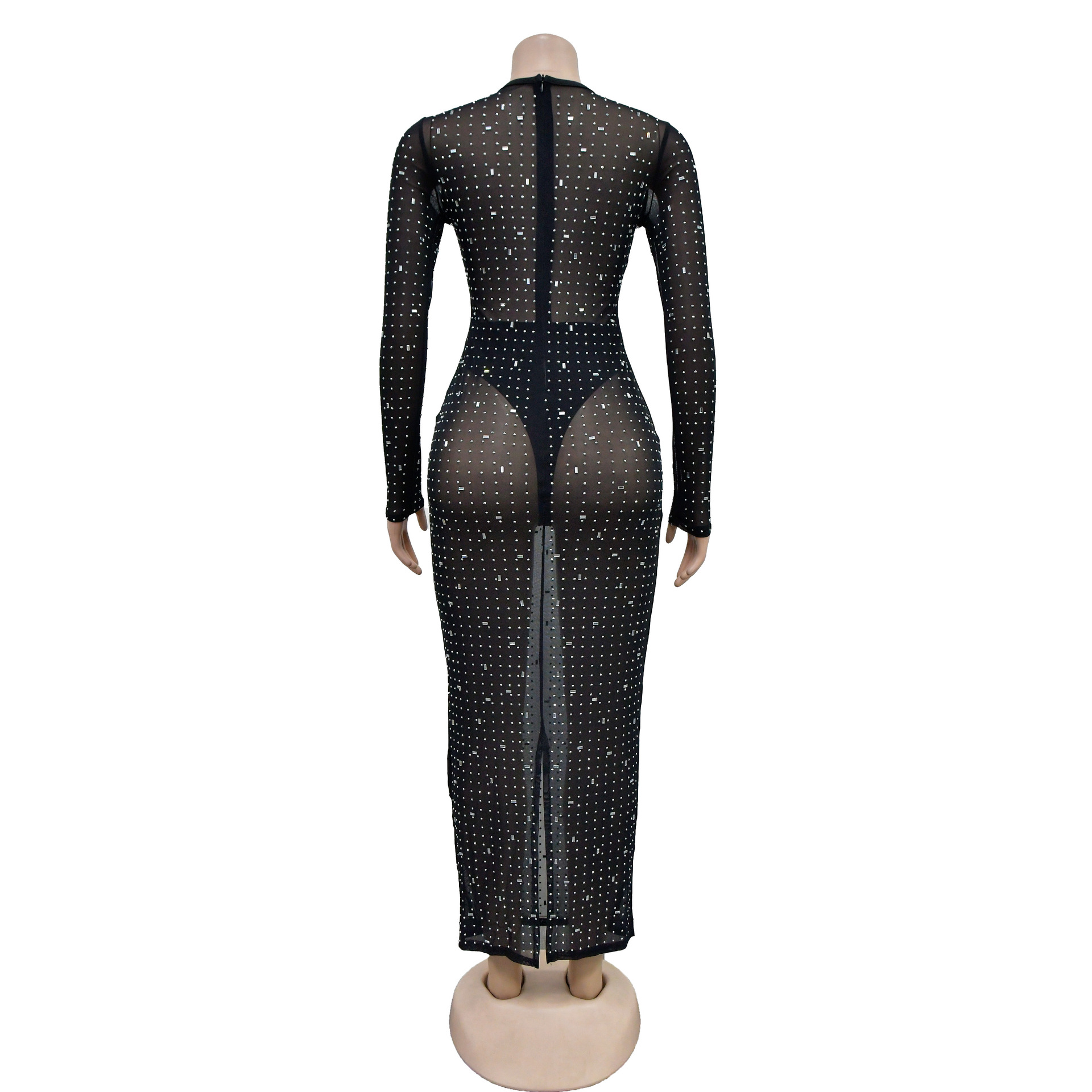 Women's Dress Long Sleeve Mesh Rhinestone Solid Colour Elegant_voghion.com
