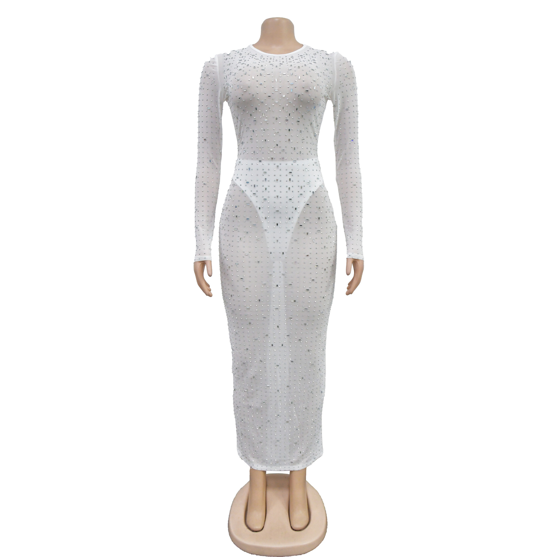 Women's Dress Long Sleeve Mesh Rhinestone Solid Colour Elegant_voghion.com