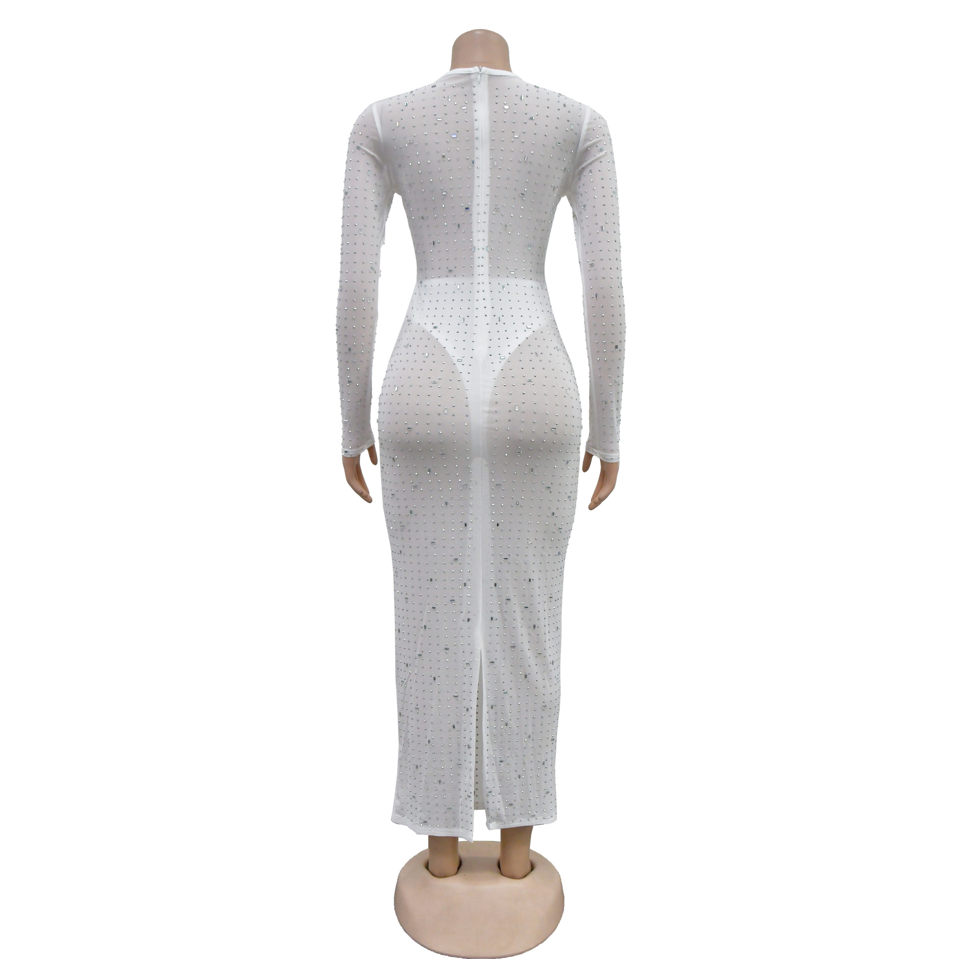 Women's Dress Long Sleeve Mesh Rhinestone Solid Colour Elegant_voghion.com