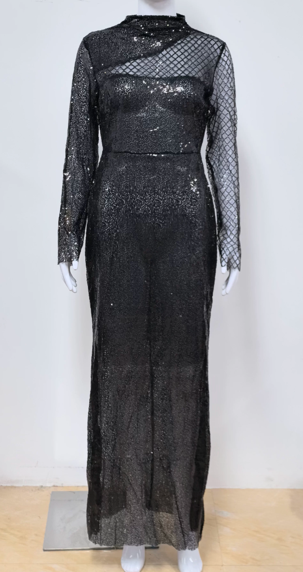 Voya Women's New Style Brand Hollow Out Off-Shoulder European And American Round Neck Slim Fit Elegant S-Line Sequin Dress_ecoleips.com