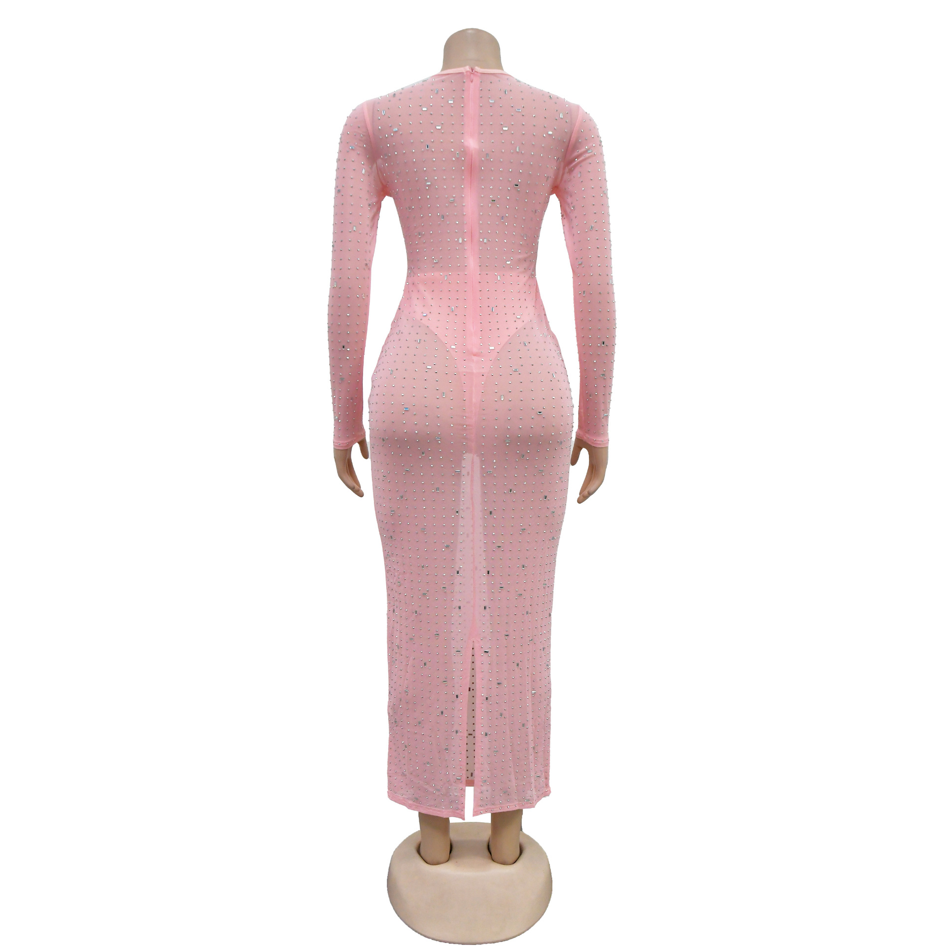 Women's Dress Long Sleeve Mesh Rhinestone Solid Colour Elegant_voghion.com