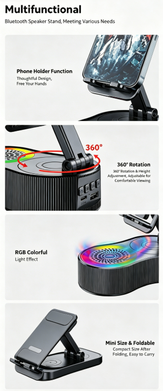 Support de téléphone rotatif à 360° avec batterie externe, haut-parleur Bluetooth et mini lampe d'ambiance portable_voghion.com
