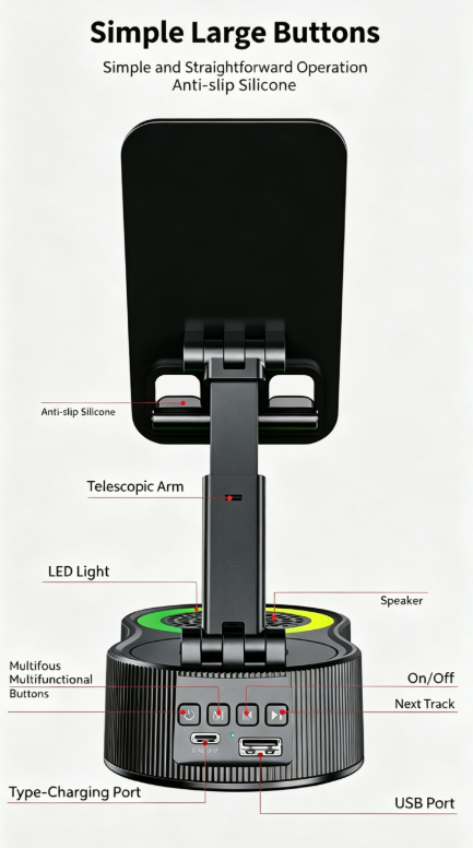Support de téléphone rotatif à 360° avec batterie externe, haut-parleur Bluetooth et mini lampe d'ambiance portable_voghion.com