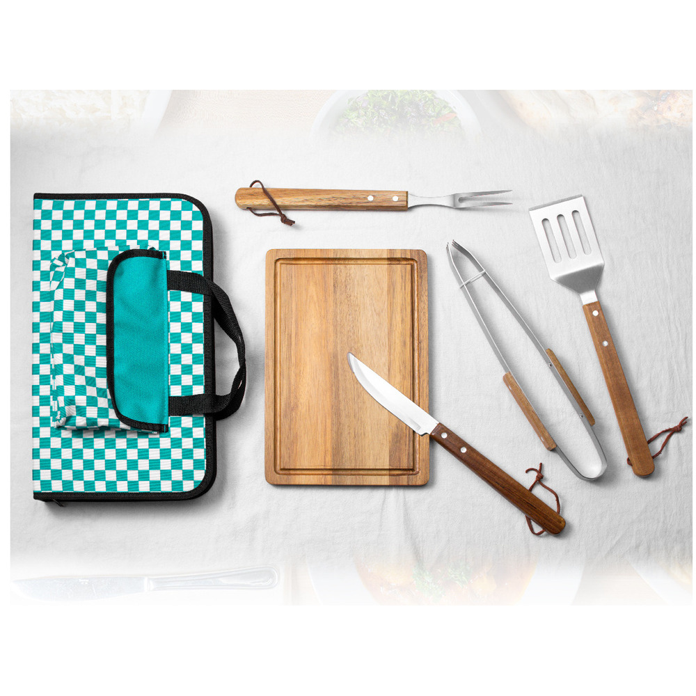 Fünfteiliges Grillbesteck-Set mit individuell anpassbaren Griffen aus Massivholz, bestehend aus Schneidebrett, Gabel, Zange und Pfannenwender mit Nylonfutter._voghion.com