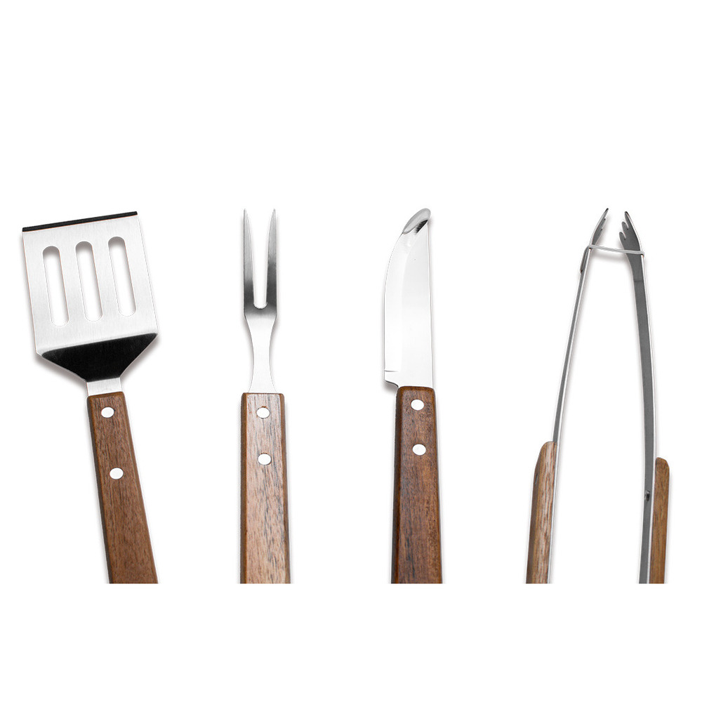Fünfteiliges Grillbesteck-Set mit individuell anpassbaren Griffen aus Massivholz, bestehend aus Schneidebrett, Gabel, Zange und Pfannenwender mit Nylonfutter._voghion.com