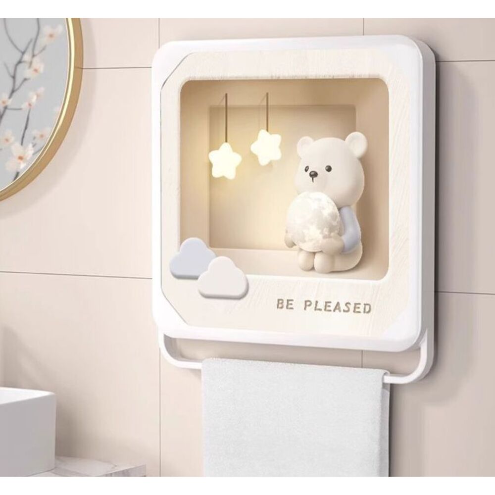 Cream Bear Bathroom Wall-Mounted Folding Storage Cabinet, Can Hang Towels, Store Clothes, Waterproof Wall Shelf_voghion.com