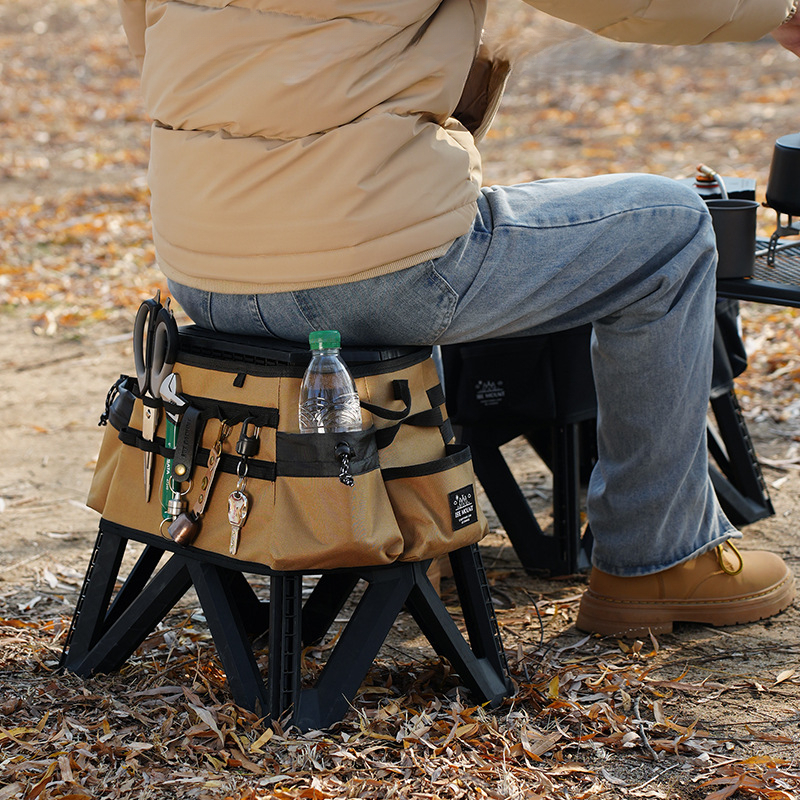 Tabouret de camping pliant portable avec sacs de rangement, siège d'extérieur multipoches avec 14 trous de suspension, chaise pliante modulable à monter soi-même pour la randonnée, la pêche,_voghion.com