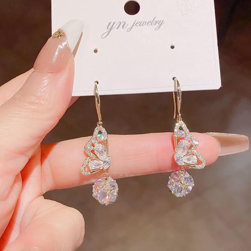 Exquisite Butterfly Ball Stud Earrings With Micro-inlaid Crystals_voghion.com
