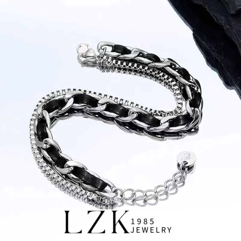 Titanium Steel Leather Cuban Bracelet For Men And Women Elegant_voghion.com