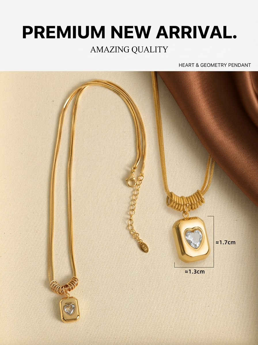 Retro Heart Double Layer Necklace Geometric Pendant Chain Gold_voghion.com