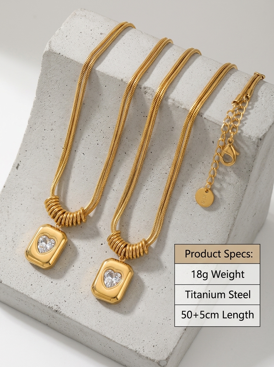 Retro Heart Double Layer Necklace Geometric Pendant Chain Gold_voghion.com