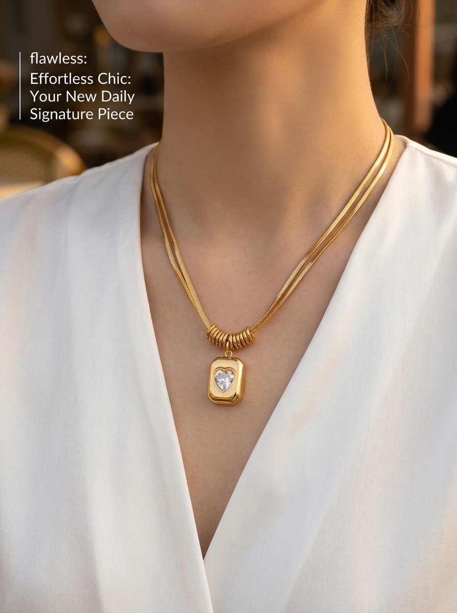 Retro Heart Double Layer Necklace Geometric Pendant Chain Gold_voghion.com
