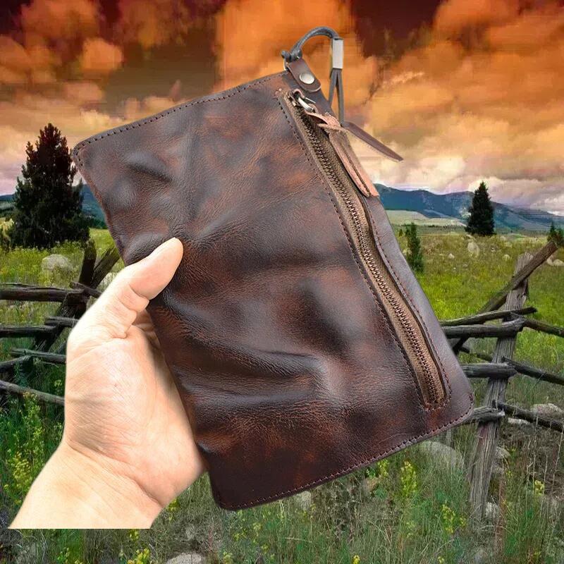 Retro Washed Leather Long Clutch For Men – Large Capacity Phone Pouch & Card Holder Wristlet Wallet With Zipper Closure_voghion.com