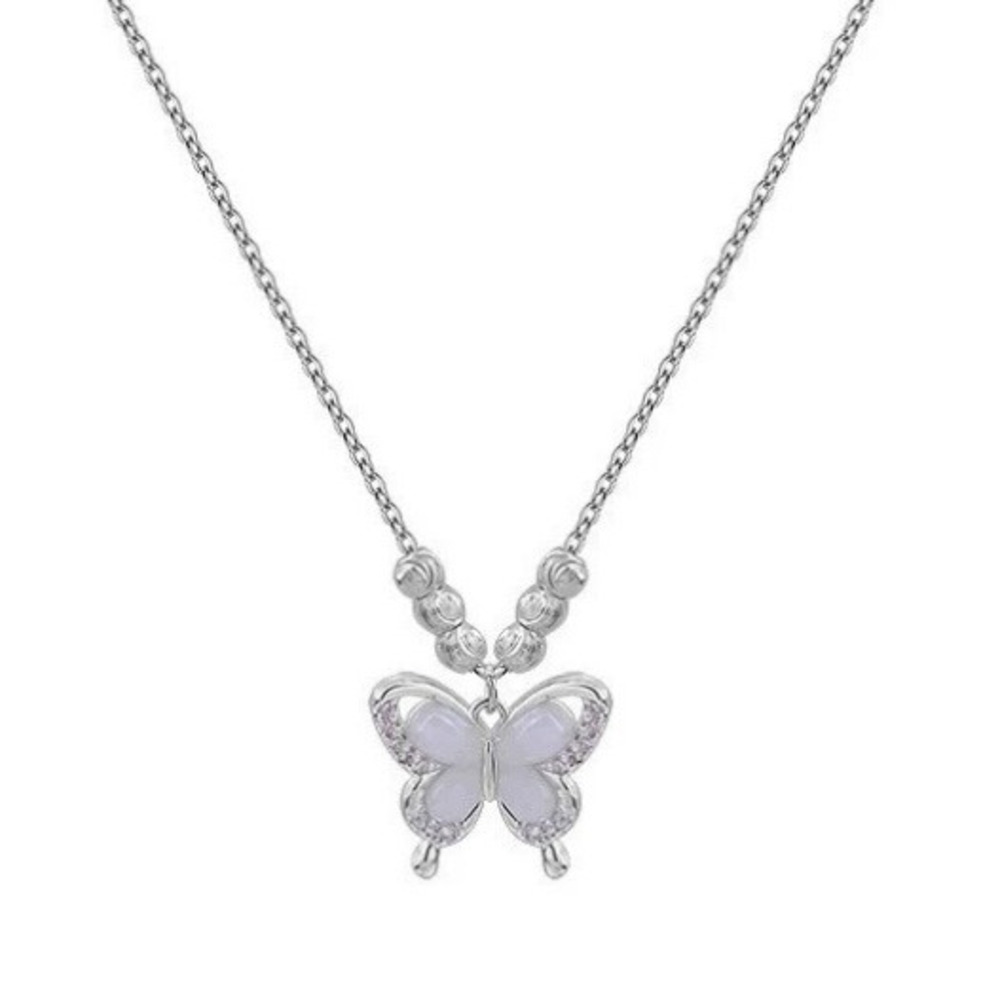Sterling Silver Butterfly Necklace Cat's Eye Stone Forest Style_voghion.com