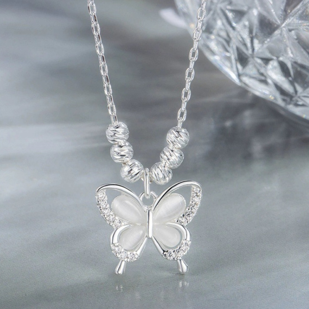 Sterling Silver Butterfly Necklace Cat's Eye Stone Forest Style_voghion.com