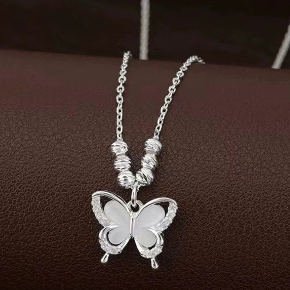 Sterling Silver Butterfly Necklace Cat's Eye Stone Forest Style_voghion.com