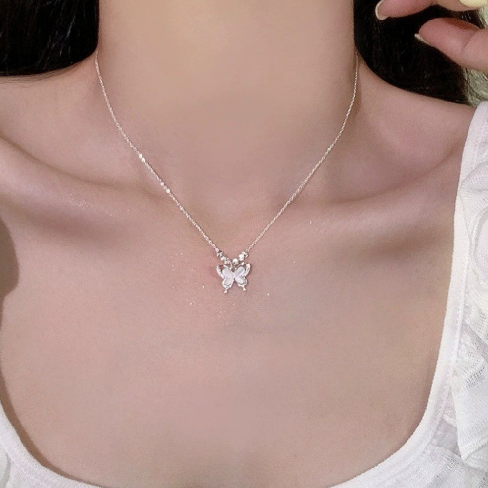 Sterling Silver Butterfly Necklace Cat's Eye Stone Forest Style_voghion.com