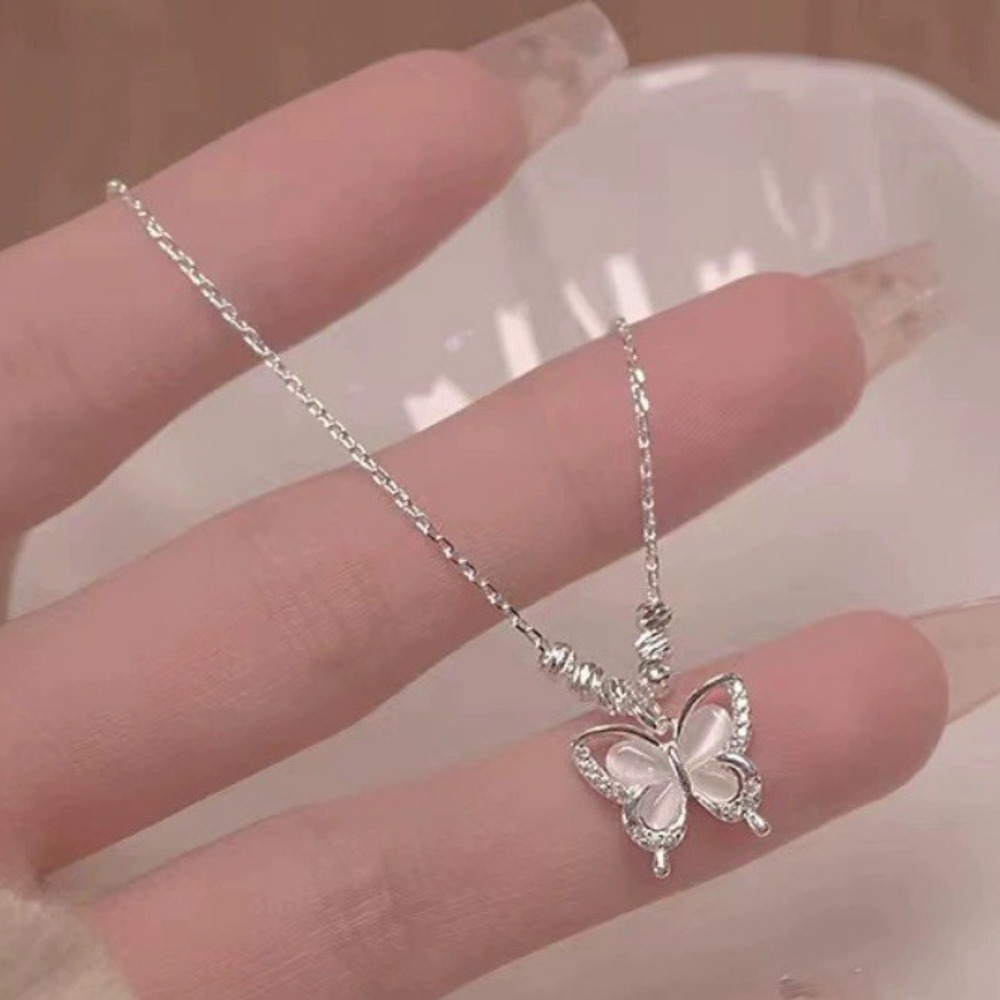 Sterling Silver Butterfly Necklace Cat's Eye Stone Forest Style_voghion.com