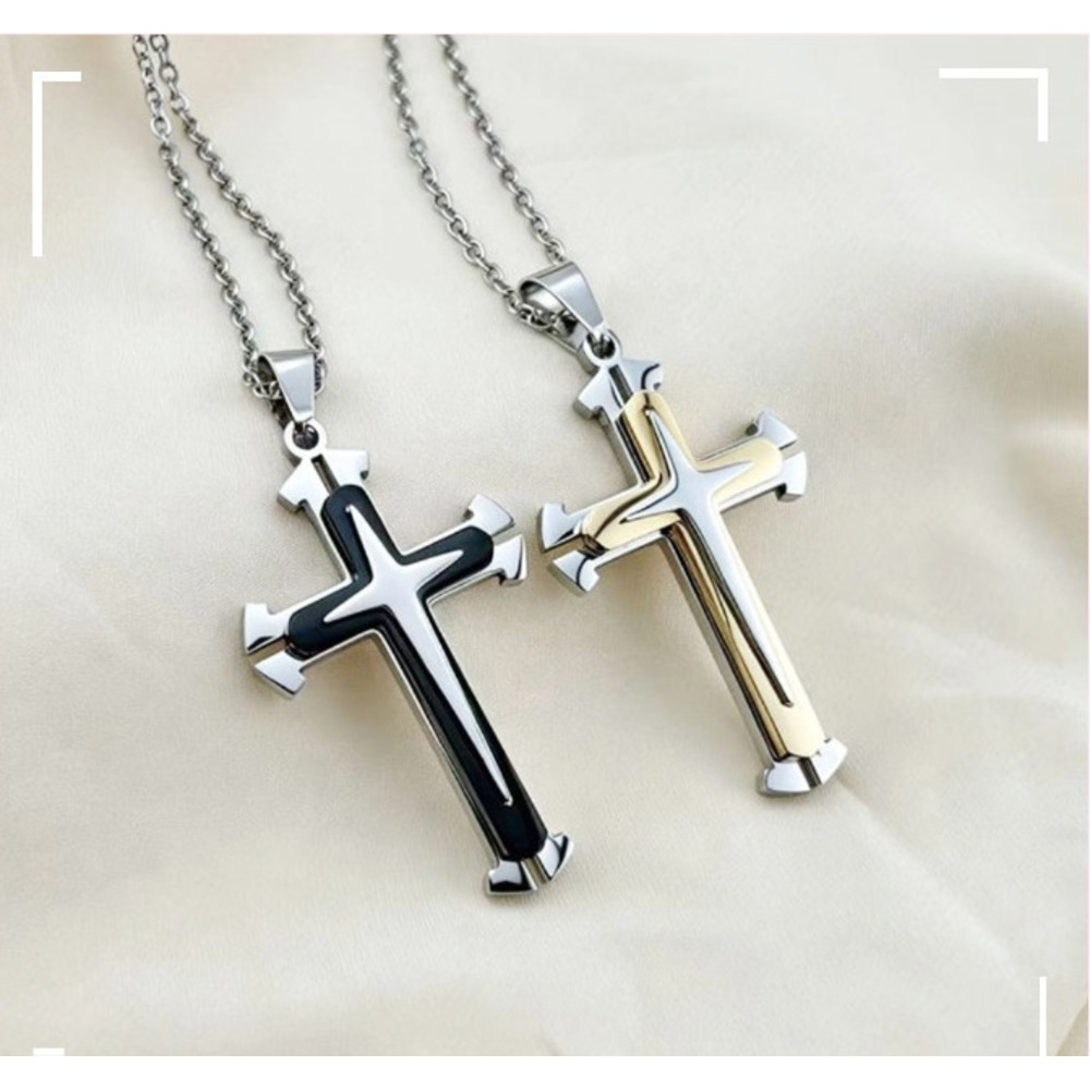 Men's Three-layer Cross Pendant Necklace In Stainless Steel_voghion.com
