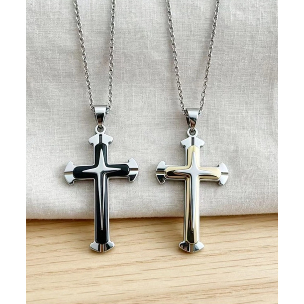 Men's Three-layer Cross Pendant Necklace In Stainless Steel_voghion.com